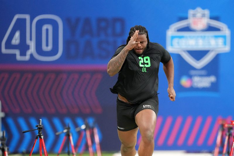 Mar 1, 2026; Indianapolis, IN, USA; Arizona State offensive lineman Max Iheanachor (OL29) during the NFL Scouting Combine at Lucas Oil Stadium. Mandatory Credit: Kirby Lee-Imagn Images