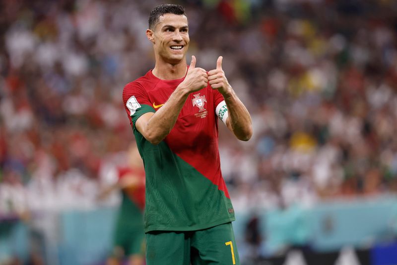 Nov 28, 2022; Lusail, Qatar; Portugal forward Cristiano Ronaldo (7) reacts during the second half of the group stage match in the 2022 World Cup at Lusail Stadium. Mandatory Credit: Yukihito Taguchi-USA TODAY Sports