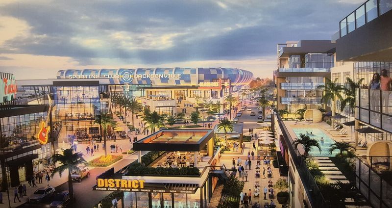 Renderings of the proposed Sporting Jax soccer stadium and surrounding businesses near the St. Johns Town Center.