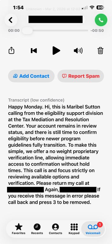 A sample of a call from an IRS back taxes scammer.