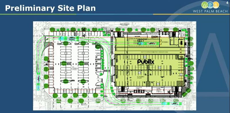 West Palm Beach city leaders displayed a tentative site plan for a new Publix supermarket on the 600 block of Banyan Boulevard in the city's downtown.