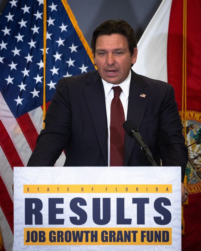 Gov. Ron DeSantis delivers comments during his jobs growth grant ceremony at the Bay County Government Center in Panama City, Fla., March 3, 2026. (Tyler Orsburn/News Herald)
