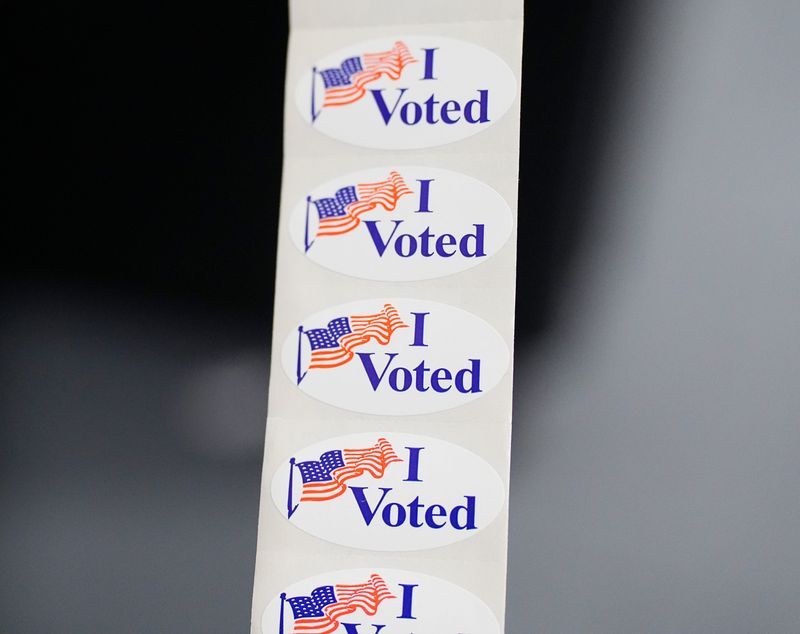 'I Voted' stickers are displayed for residents who cast ballots in the primary election for the District 13 Aldermanic Race at the District 13 polling location in the Northview Building on Tuesday February 17, 2026 in Waukesha, Wisconsin.