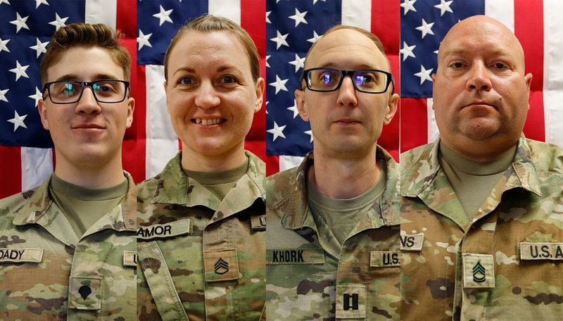 In a combination images, From left Sgt. Declan Coady, Sgt. 1st Class Nicole Amor, Capt. Cody Khork and Sgt. 1st Class Noah Tietjens, four U.S. Army Reserve soldiers who were supporting Operation Epic Fury who were killed on March 1, 2026, in Kuwait at the Port of Shuaiba, during an unmanned aircraft system attack.