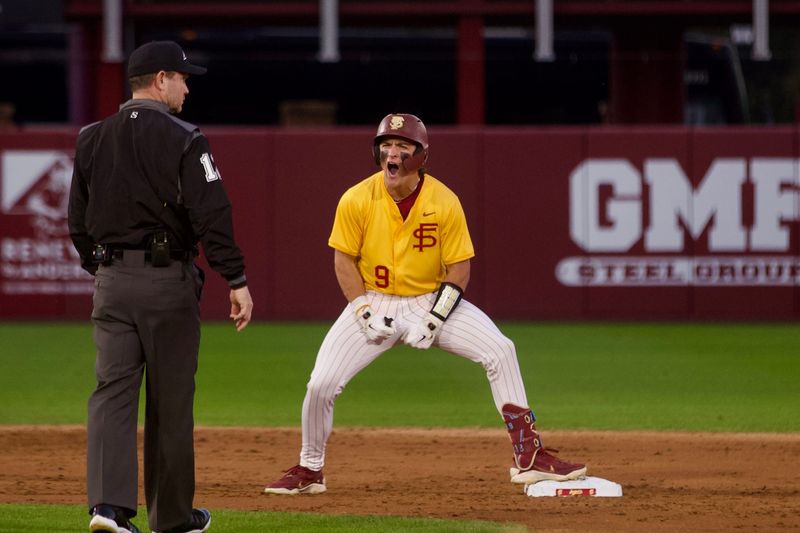 John Stuetzer celebrates his double as FSU baseball wore their throwback “mustard” jerseys as the Seminoles hosted Jacksonville on Tuesday, March. 3, 2026 at Dick Howser Stadium