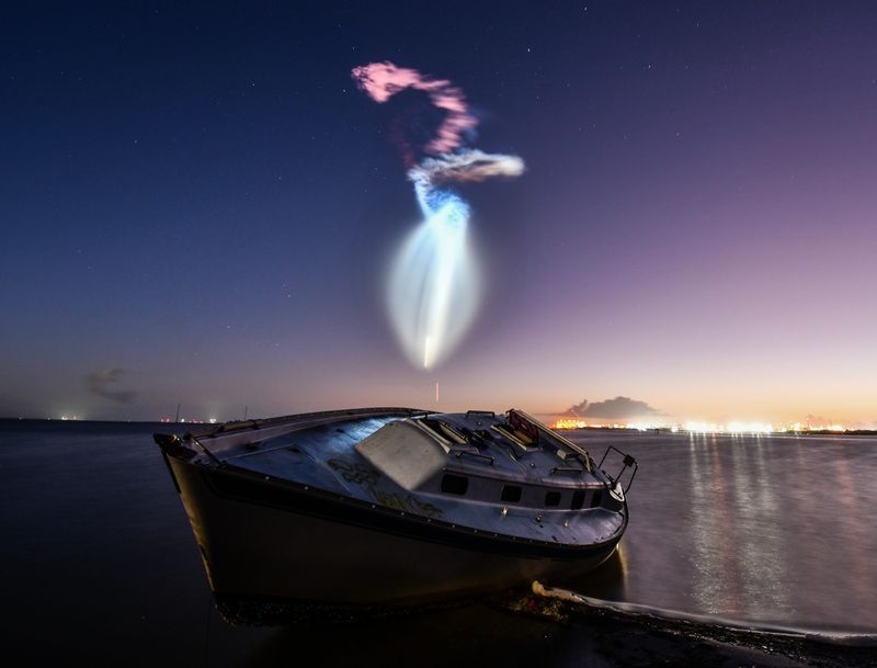 Launch of a A SpaceX Falcon 9 rocket carrying 29 Starlink satellites into low-Earth orbit. The rocket launched at 5:52 a.m.EST Wednesday, March 4 from Launch Complex 40 at Cape Canaveral Space Force Station. The sun hitting the contrail created a jellyfish effect.
