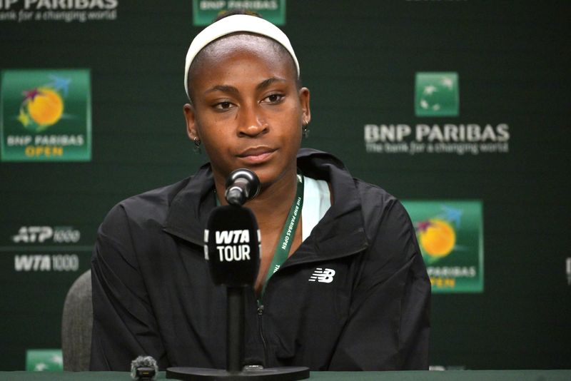 Mar 3, 2026; Indian Wells, CA, USA; Coco Gauff (USA) speaks to the media at a news conference during the BNP Paribas Open at the Indian Wells Tennis Garden. Mandatory Credit: Jayne Kamin-Oncea-Imagn Images
