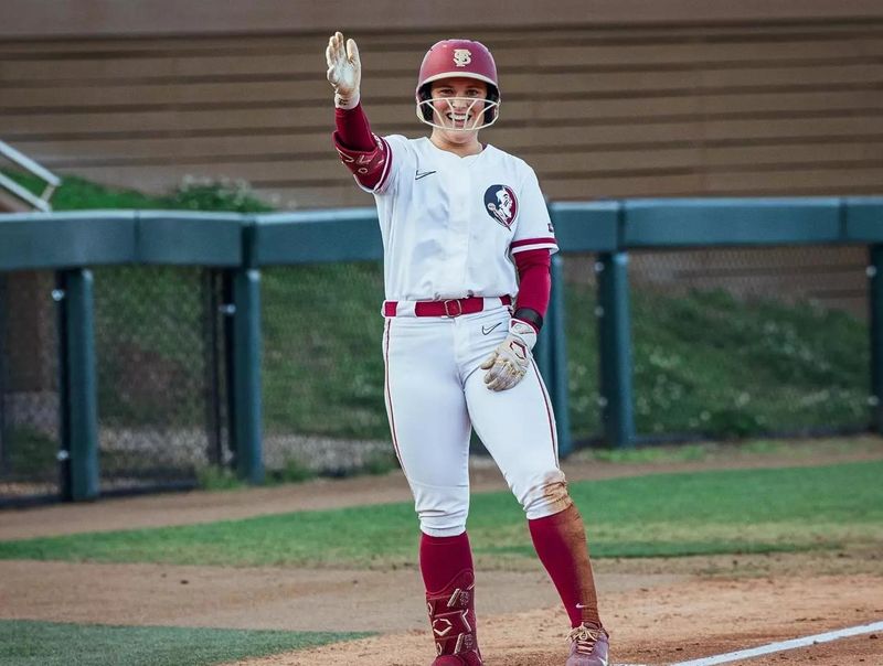 Marin Heller celebrates after hitting an triple for FSU softball. The Seminoles defeated Jacksonville, 7-1 on Wednesday, March 4, 2026.
