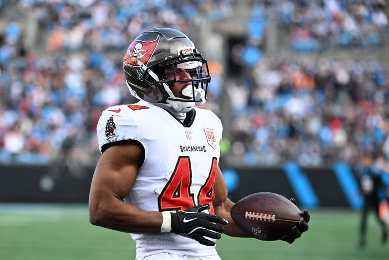 Dec 21, 2025; Charlotte, North Carolina, USA; Tampa Bay Buccaneers running back Sean Tucker (44) on the field in the third quarter at Bank of America Stadium. Mandatory Credit: Bob Donnan-Imagn Images