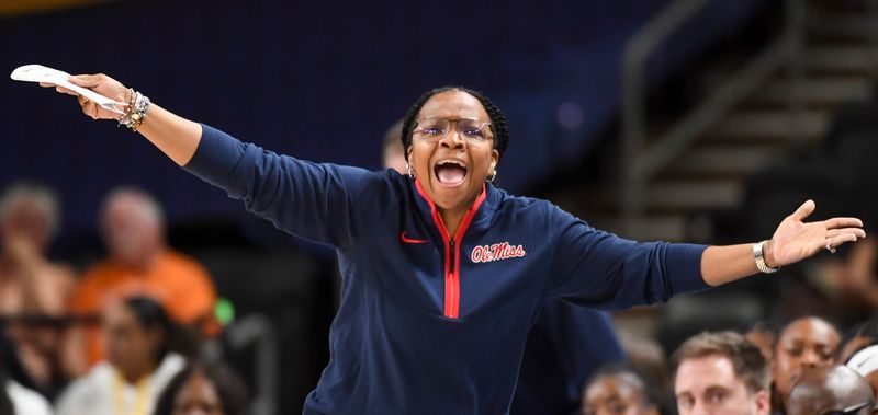Ole Miss Rebels head coach Yolett McPhee-McCuin yells down court Thursday, March 5, 2026, during the SEC Women's Basketball Tournament second round game against the Auburn Tigers at Bon Secours Wellness Arena in Greenville, South Carolina.
