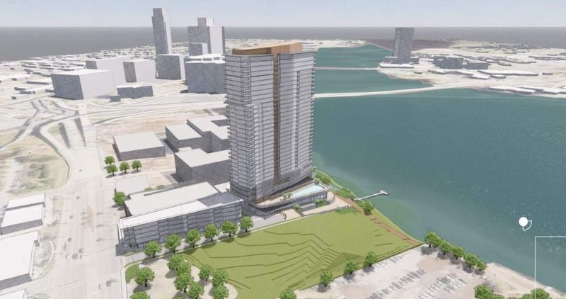 Renderings provided to the Downtown Development Review Board show aerial views of Fleet Landing Riverside, a proposed residential tower in the Brooklyn neighborhood of downtown. The tower would be built on site where Haskell used to have its headquarters before moving to across river to Southbank.
