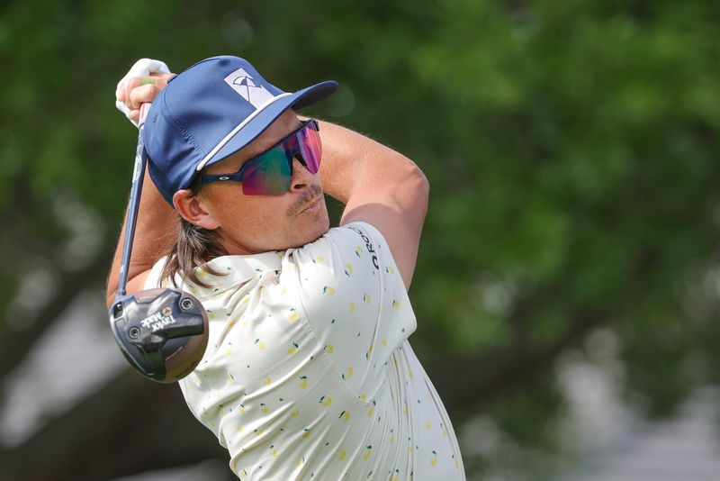 Mar 6, 2026; Orlando, Florida, USA; Rickie Fowler plays his shot from the first tee during the second round of the Arnold Palmer Invitational golf tournament. Mandatory Credit: Reinhold Matay-Imagn Images