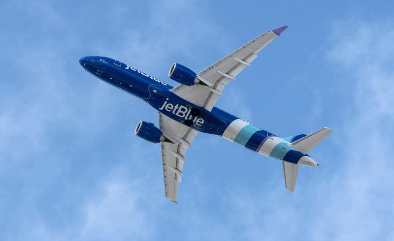 A JetBlue jet takes off from Palm Beach International Airport on March 5, 2026, in West Palm Beach, Florida.