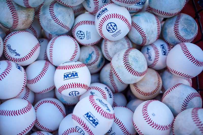 Jun 24, 2023; Omaha, NE, USA; Baseballs sit in a bag before the game between the Florida Gators and the LSU Tigers at Charles Schwab Field Omaha. Mandatory Credit: Dylan Widger-USA TODAY Sports