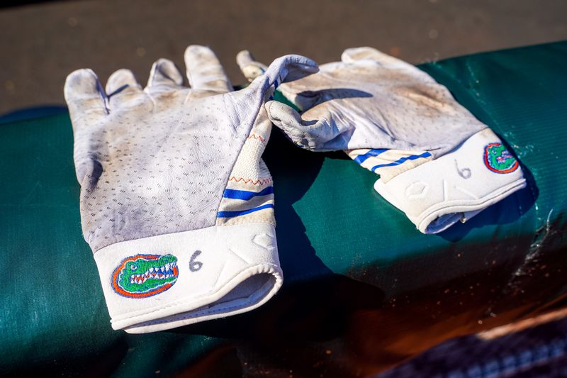 Jun 26, 2023; Omaha, NE, USA; The gloves of Florida Gators left fielder Tyler Shelnut (6) sit on the dugout before game 3 of the championship series between the Gators and the LSU Tigers at Charles Schwab Field Omaha. Mandatory Credit: Dylan Widger-USA TODAY Sports