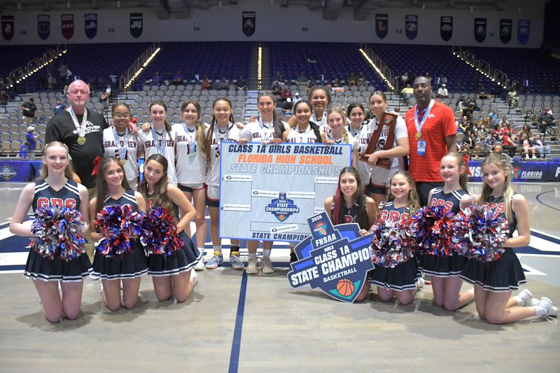Grandview Prep's girls basketball squad takes a celebratory group photo with the team cheerleaders following a state championship victory on March 7, 2026.