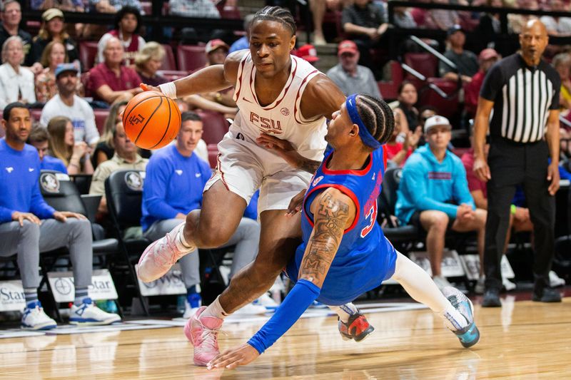Florida State Seminoles guard Thomas Bassong (3) knocks a defender to the ground while driving the ball to the hoop. The Florida State Seminoles hosted the Southern Methodist University Mustangs at the Tucker Civic Center on Saturday, March 7, 2026.