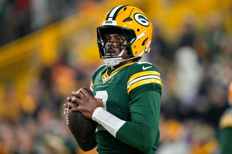 Green Bay Packers quarterback Malik Willis (2) during warmups prior to the game against the Baltimore Ravens at Lambeau Field in Green Bay on Dec. 27, 2025.