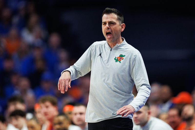 Mar 7, 2026; Lexington, Kentucky, USA; Florida Gators head coach Todd Golden yells to his players during the first half against the Kentucky Wildcats at Rupp Arena at Central Bank Center. Mandatory Credit: Jordan Prather-Imagn Images