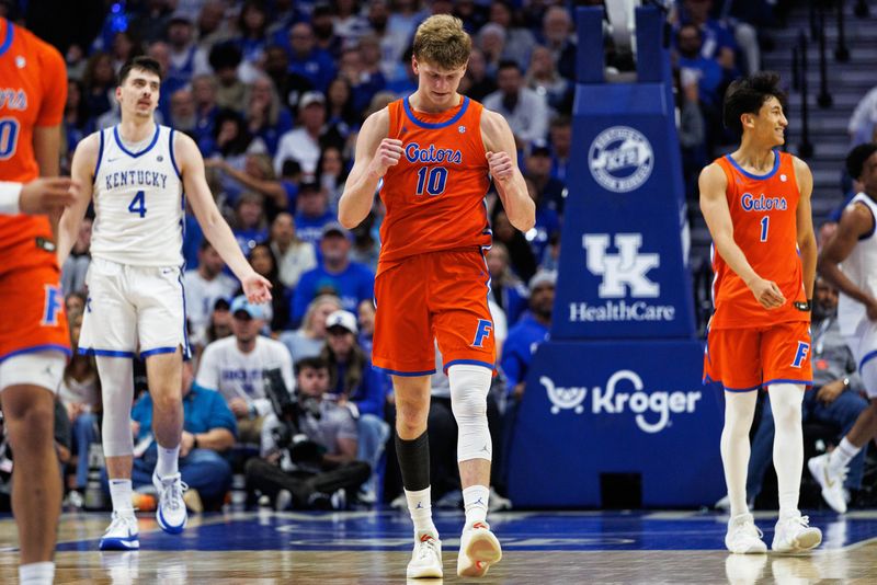 Mar 7, 2026; Lexington, Kentucky, USA; Florida Gators forward Thomas Haugh (10) celebrates during the second half against the Kentucky Wildcats at Rupp Arena at Central Bank Center. Mandatory Credit: Jordan Prather-Imagn Images