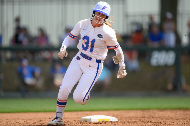 Florida infielder Kenleigh Cahalan (31) rounds second base during an NCAA softball game against Missouri at Katie Seashole Pressly Stadium in Gainesville, Fla., Saturday, March 7, 2026. [Noah Lantor/Gainesville Sun]