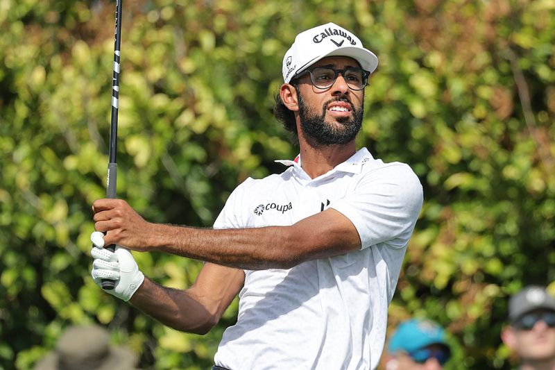 Akshay Bhatia plays his shot from the ninth tee during the final round of the Arnold Palmer Invitational golf tournament in Orlando, Florida, on March 8, 2026.