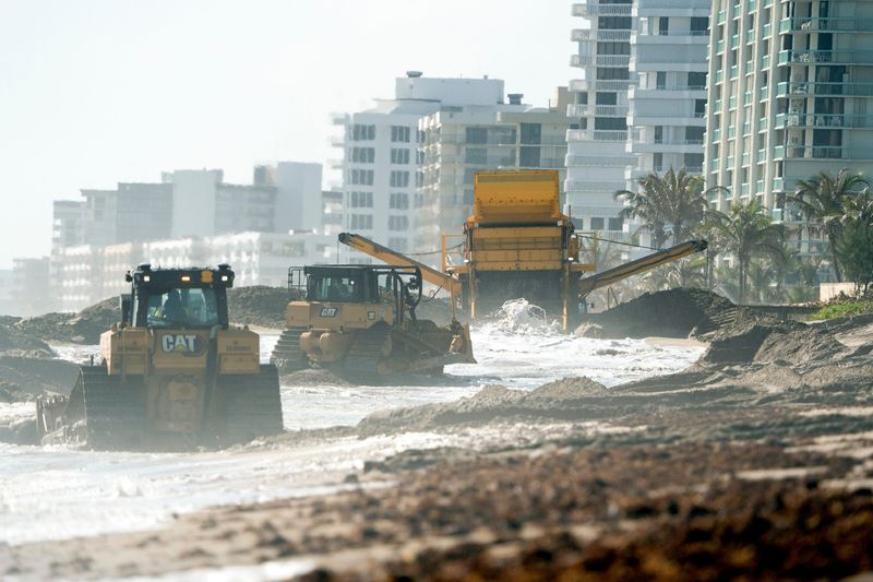 Army Corps of Engineers continue to work on a beach nourishment project on a stretch of beach in front of Shuckers restaurant in Jensen Beach on March 9, 2026. The Army Corps is planning on completing the beach fill by or around March 16 and all fill equipment should be off the beach by March 30. Florida sea turtle nesting season typically runs from March 1 through Oct. 31 along most of the coast, with peak activity occurring between June and July.