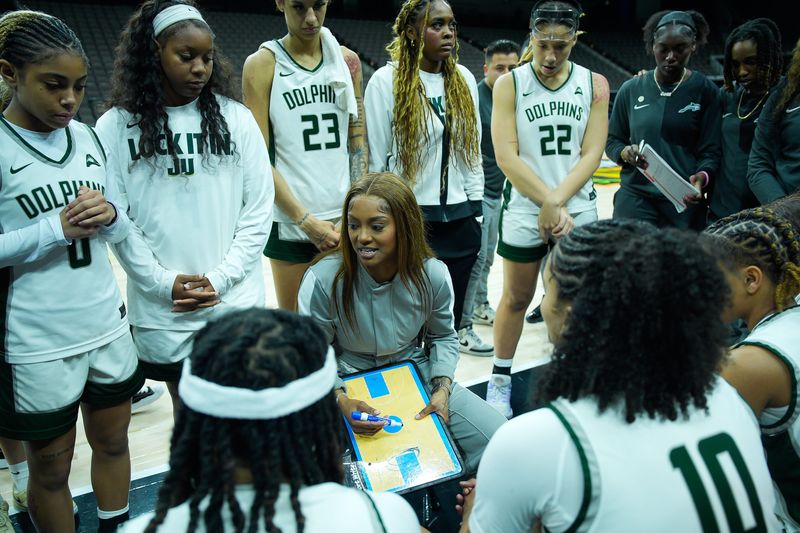 Jacksonville University head coach Special Jennings talks to her team during overtime before the Jacksonville University defeated Austin Peay 66-63 in overtime in the ASUN Women's Basketball Tournament Championship at VyStar Veterans Memorial Arena Monday, March 9, 2026 in Jacksonville, Fla. [Doug Engle/Florida Times-Union]
