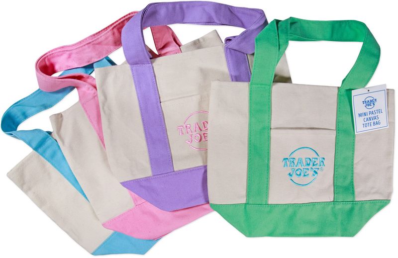Trader Joe's Mini Pastel Canvas Tote Bags are pictured.