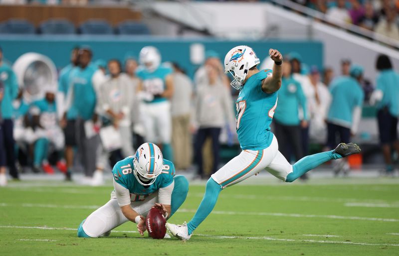 Oct 30, 2025; Miami Gardens, Florida, USA; Miami Dolphins kicker Riley Patterson (47) kicks a field goal during the first quarter against the Baltimore Ravens at Hard Rock Stadium. Mandatory Credit: Nathan Ray Seebeck-Imagn Images