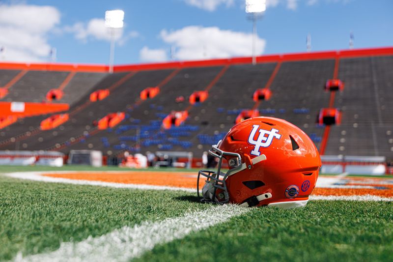 Oct 18, 2025; Gainesville, Florida, USA; A vintage Florida Gators helmet is displayed on the field before a game against the Mississippi State Bulldogs at Ben Hill Griffin Stadium. Mandatory Credit: Matt Pendleton-Imagn Images