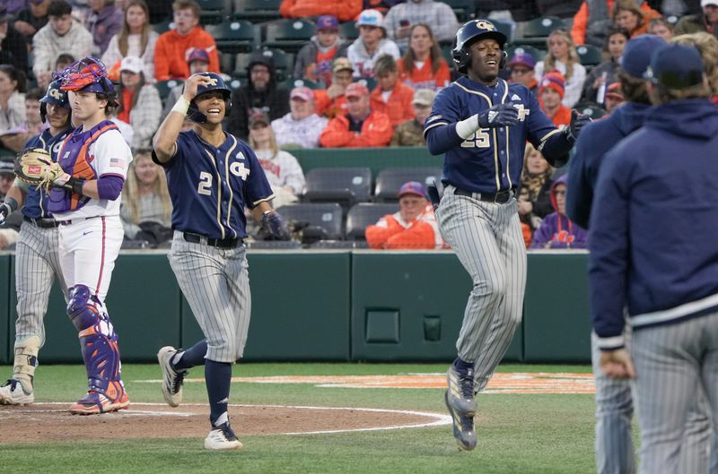 Georgia Tech junior Jarren Advincula (2) reacts after his home run during the top of the third inning at Doug Kingsmore Stadium in Clemson, S.C. Thursday, March 12, 2026.