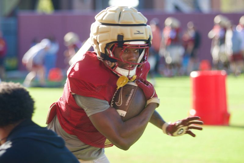 Running back Samuel Singleton Jr runs a drill Florida State football held a spring practice on Friday, March 13, 2026 at the Seminoles practice facility.