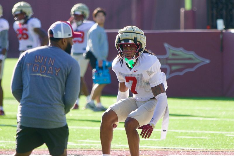 Defensive back Ashlynd Barker runs a drill as Florida State football held a spring practice on Friday, March 13, 2026 at the Seminoles practice facility.
