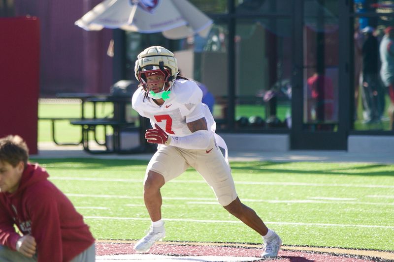 Defensive back Ashlynd Barker runs a drill as Florida State football held a spring practice on Friday, March 13, 2026 at the Seminoles practice facility.
