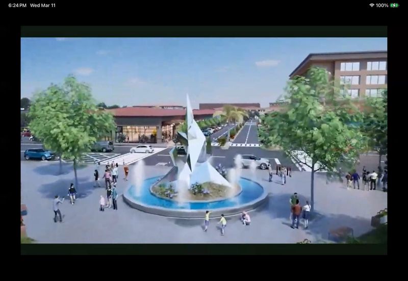 This screen capture from a video shown at the March 11 virtual neighborhood workshop on Palmer Ranch East hosted by Stantec shows a fountain envisioned as a focal point for the town center.