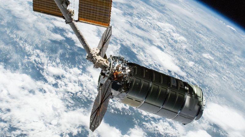 Northrop Grumman’s Cygnus XL cargo craft is pictured in the grips of the Canadarm2 robotic arm following its capture on Sept. 18, 2025. Cygnus XL is Northrop Grumman’s expanded version of its previous Cygnus cargo craft increasing its payload capacity and pressurized cargo volume.