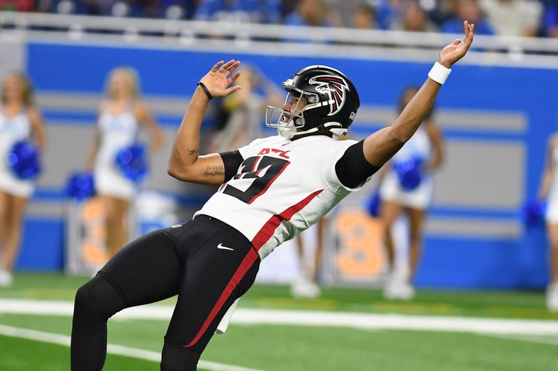 Aug 12, 2022; Detroit, Michigan, USA; Atlanta Falcons punter Seth Vernon (19) in action against the Detroit Lions at Ford Field. Mandatory Credit: Lon Horwedel-USA TODAY Sports