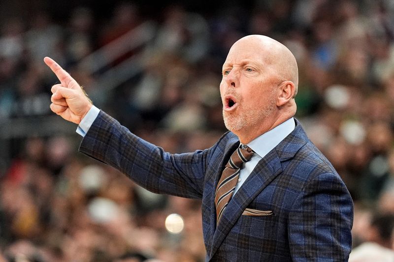 UCLA head coach Mick Cronin reacts to a play against Michigan State during the first half of Big Ten tournament quarterfinal at United Center in Chicago on Friday, March 13, 2026.