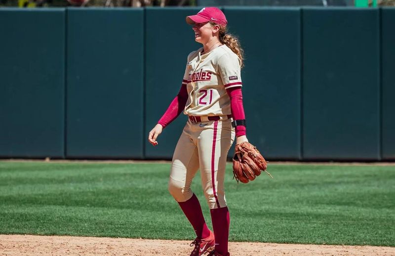FSU softball's second baseman, Marin Hellers, is all smiles after making a defensive play. FSU defeated Syracuse, 11-6, to complete an ACC sweep on Sunday, March 15, 2026.