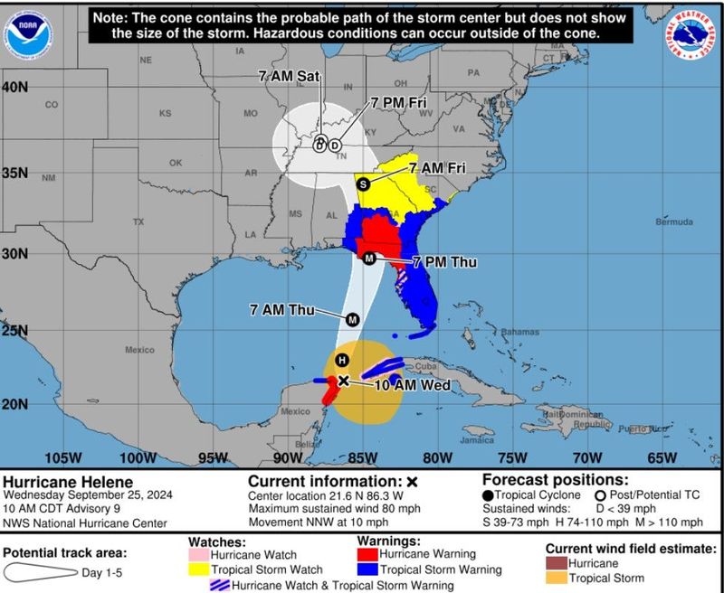 This is not a current storm but an example of the format for the cone of uncertainty that will become operational May 15, 2026. This cone depicts inland areas where watches and warnings are issued, not just the coastlines. It was tested during the 2025 hurricane season.