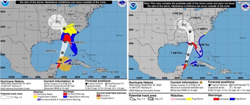 The new hurricane forecast track cone (left) will become operational for the 2026 hurricane season and includes a depiction of inland watches and warnings. The previous map (right) kept watches and warnings pinned at the coastlines even if they extended inland.