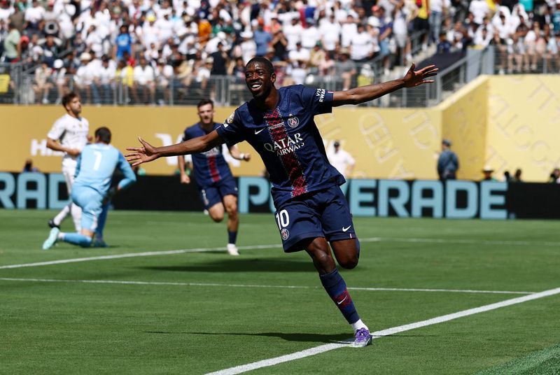 [Subscription Customers Only] Jul 9, 2025; East Rutherford, New Jersey, USA; Paris Saint-Germain forward Ousmane Dembele (10) celebrates scoring their second goal during a semifinal match of the 2025 FIFA Club World Cup at MetLife Stadium. Mandatory Credit: Lee Smith-Reuters via Imagn Images