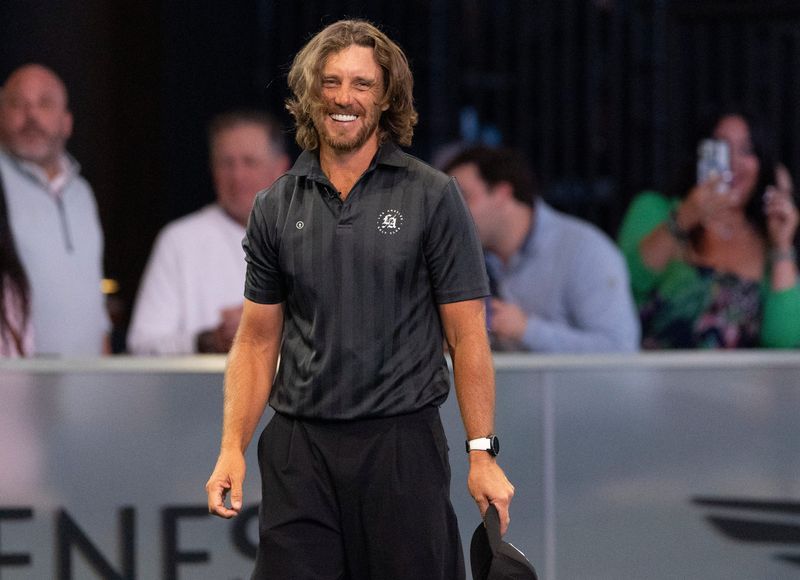 Tommy Fleetwood of 
Los Angeles Golf Club celebrates their win over Atlanta Drive GC during TGL match at SoFi Center on March 17, 2026, in Palm Beach Gardens, Florida.