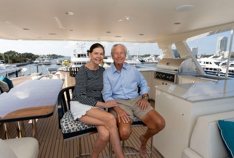 Jacelyn and Jack Botti on the sun deck of their modern super yacht Botti docked at the Town of Palm Beach Marina February 27, 2026.