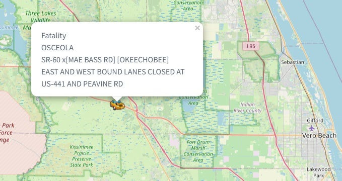 East and westbound lanes on SR60 were closed overnight between U.S. 441 and Peavine Road after a fatal crash March 18, 2026.