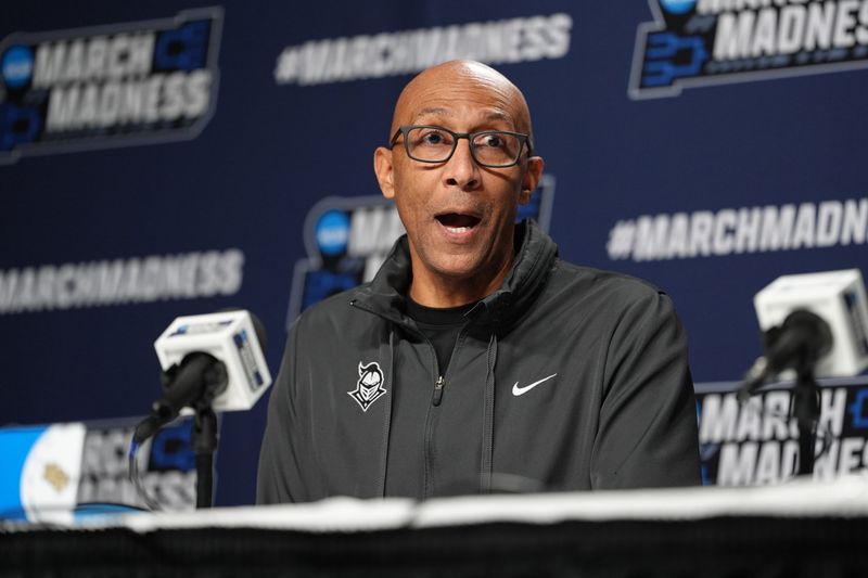 Mar 19, 2026; Philadelphia, PA, USA; UCF Knights head coach Johnny Dawkins conducts a press conference during a practice session ahead of the first round of the men's 2026 NCAA Tournament at Xfinity Mobile Arena. Mandatory Credit: Kyle Ross-Imagn Images