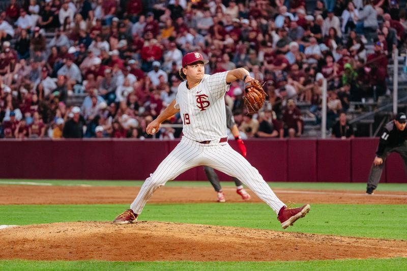 FSU baseball pitcher John Abraham throws a pitch in a 6-4 loss to NC State on Friday, March 20, 2026, at Dick Howser Stadium