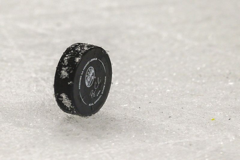 A puck awaits a faceoff during an ECHL hockey game at Veterans Memorial Arena in Jacksonville, Fla., Friday, March 20, 2026. [Gary Lloyd McCullough/Provided by the Jacksonville Icemen]