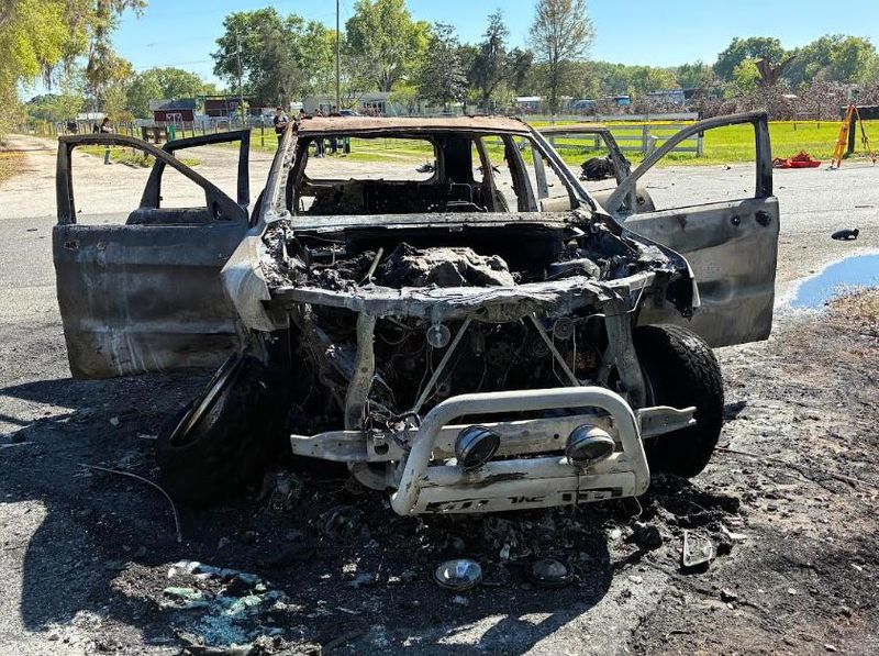 This burned out Jeep Cherokee was involved in a deadly two-vehicle wreck in Ocklawaha on March 22, 2026.